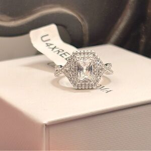 Charmed Aroma-Double Halo-Emerald Cut-Sterling Silver 925-Ring-W/S/C & CZ-Sz-6